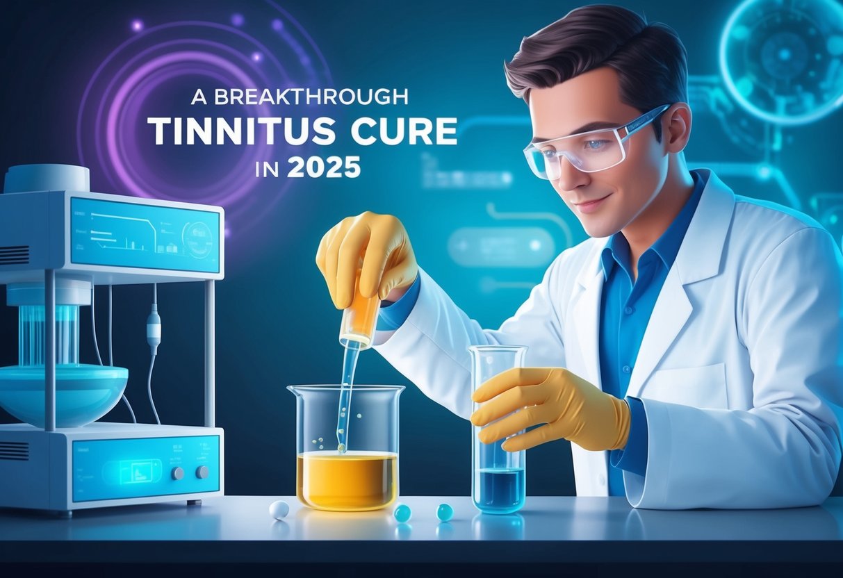 A scientist in a lab coat pours liquid into a beaker while futuristic equipment hums in the background, hinting at a breakthrough tinnitus cure in 2025