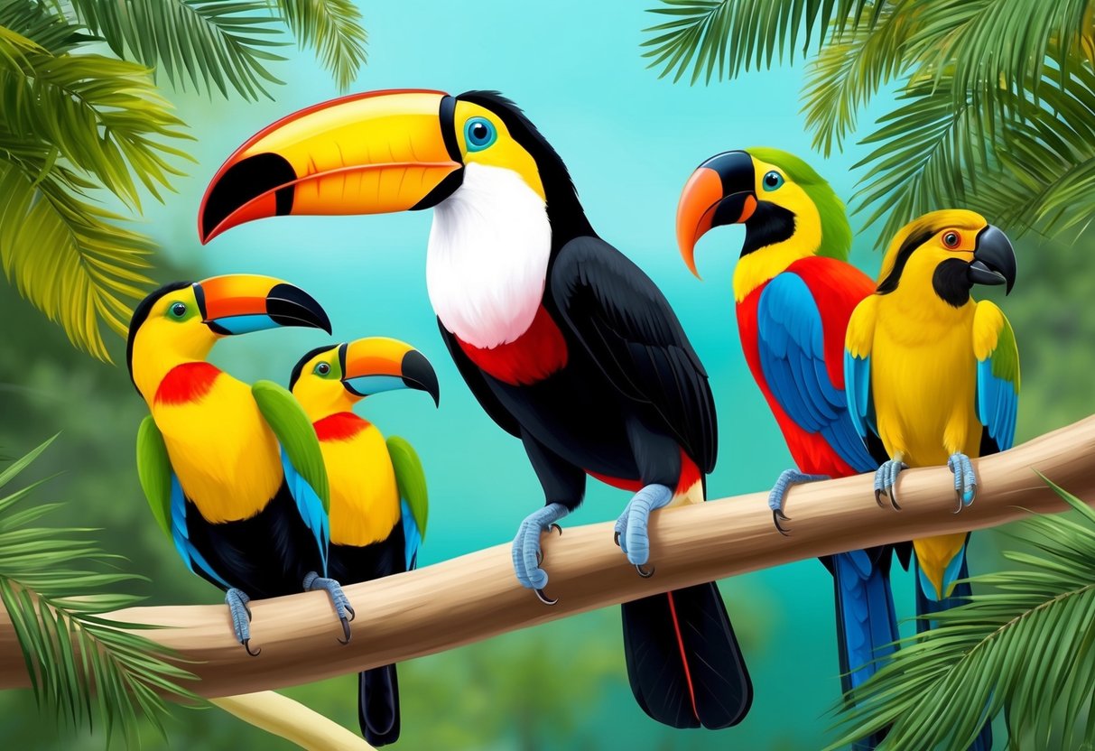 A colorful toucan perched on a branch, surrounded by other tropical birds.</p><p>Its beak is open as if in conversation