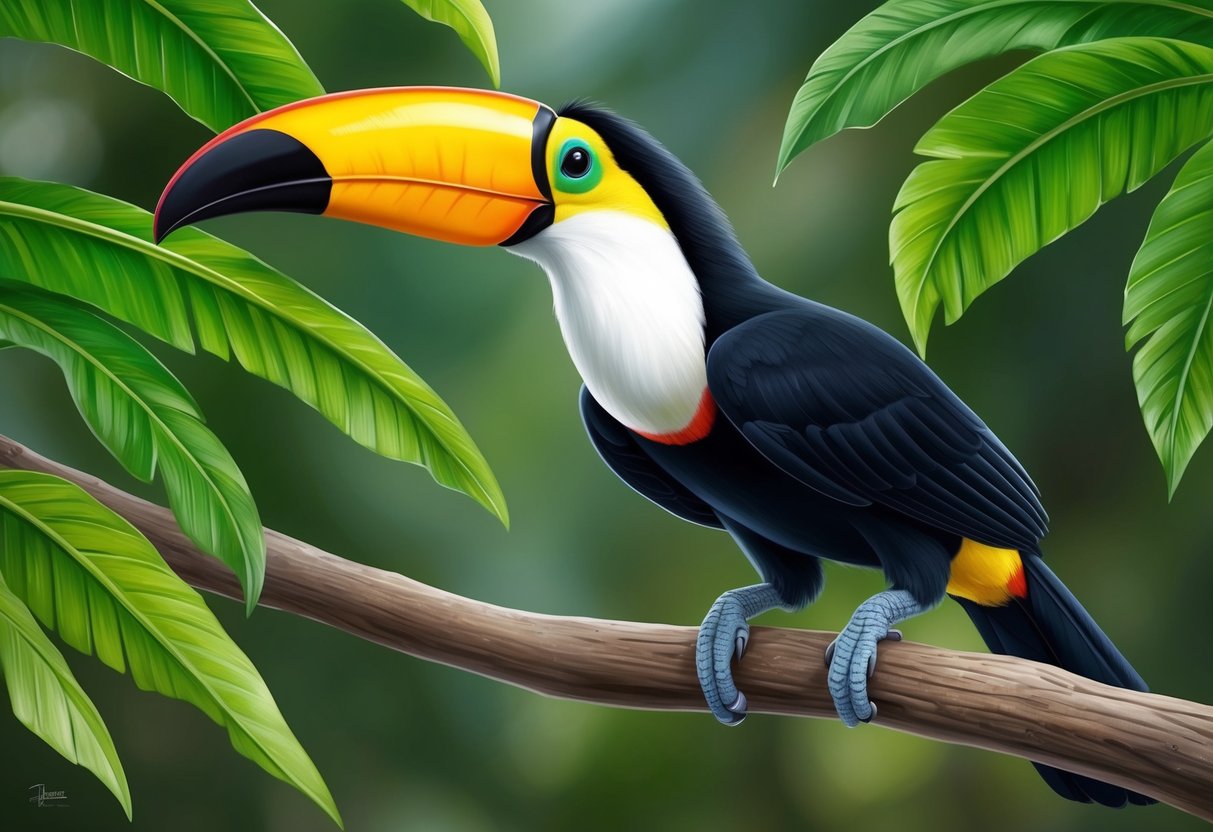 A toucan perches on a tree branch, its vibrant beak contrasting against the lush green leaves.</p><p>It scans the forest with sharp eyes, ready to adapt and survive