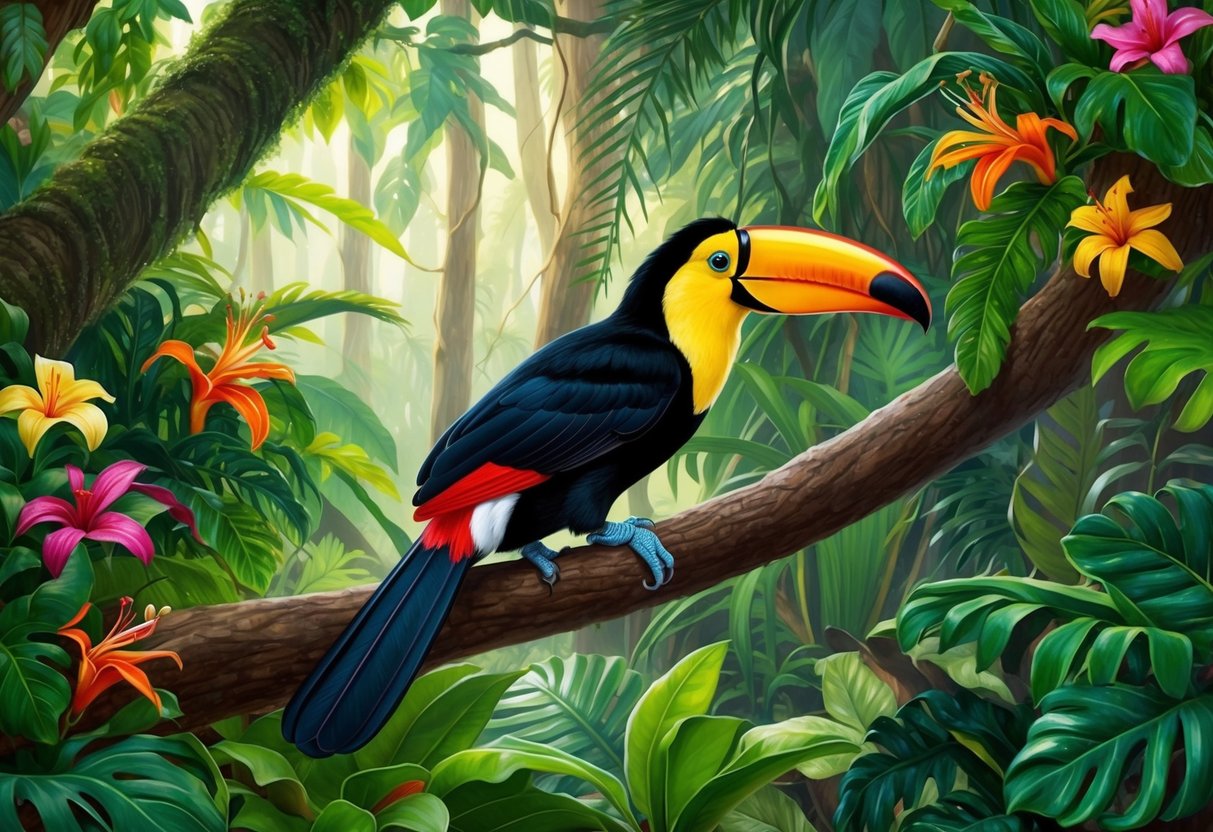 A toucan perched on a tree branch in a lush rainforest, surrounded by vibrant foliage and colorful flowers