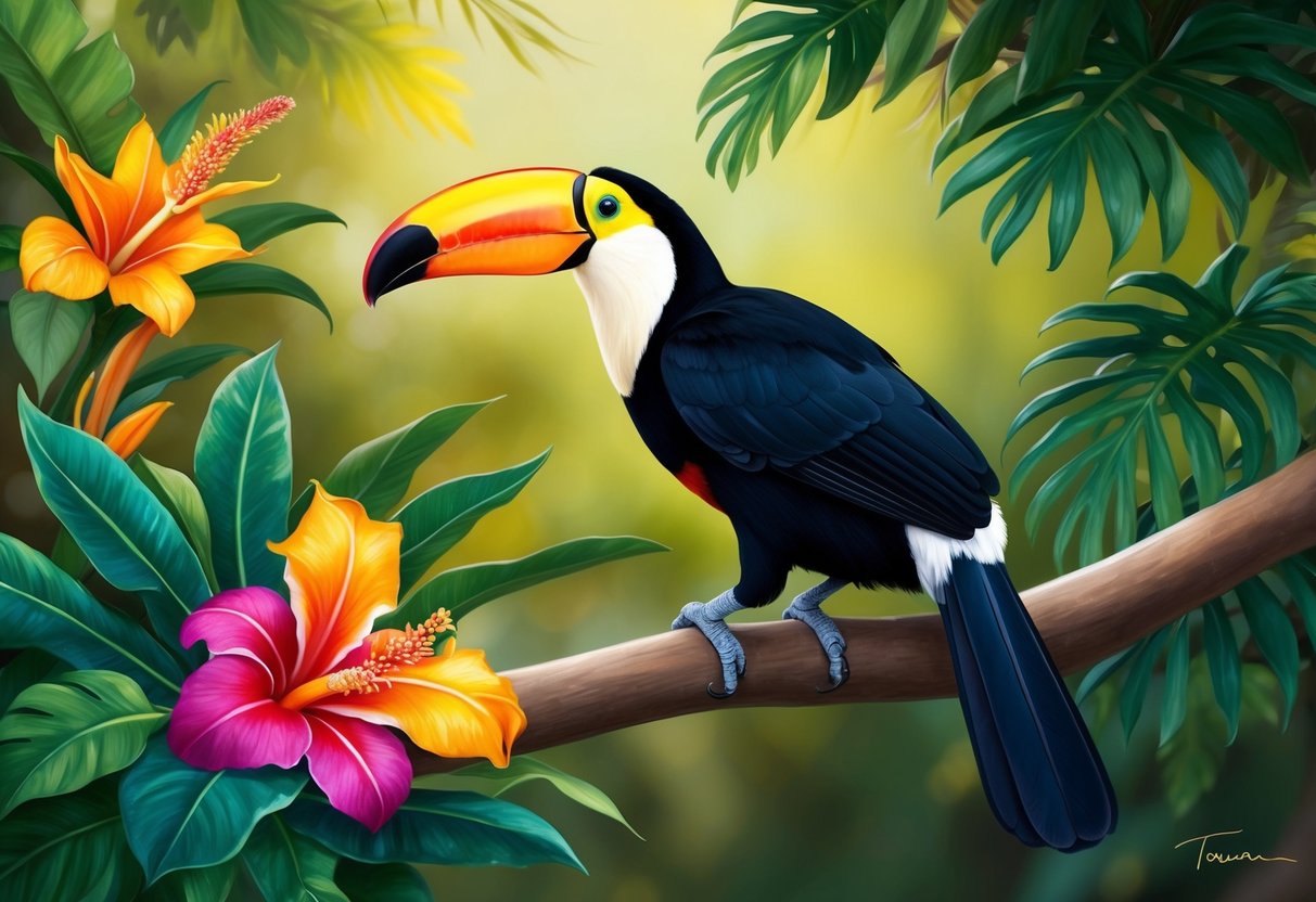 A toucan perched on a branch, surrounded by vibrant tropical foliage and exotic flowers