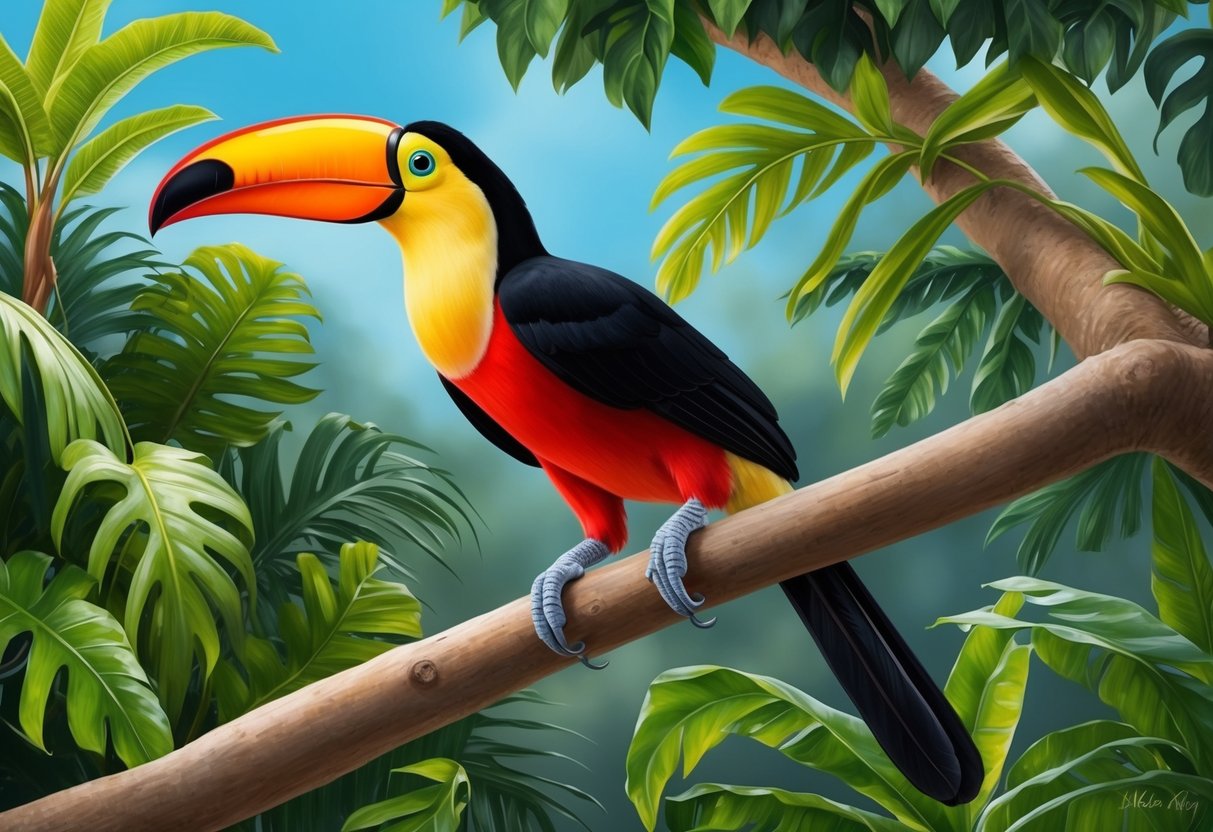 A colorful toucan perched on a tree branch surrounded by lush tropical foliage