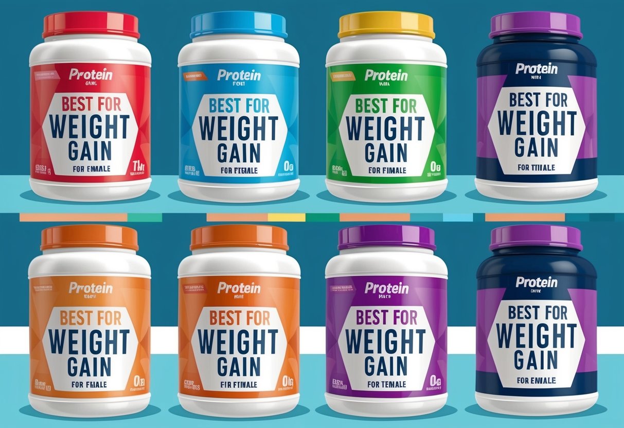 A variety of protein powder containers displayed with labels indicating "best for weight gain for female."