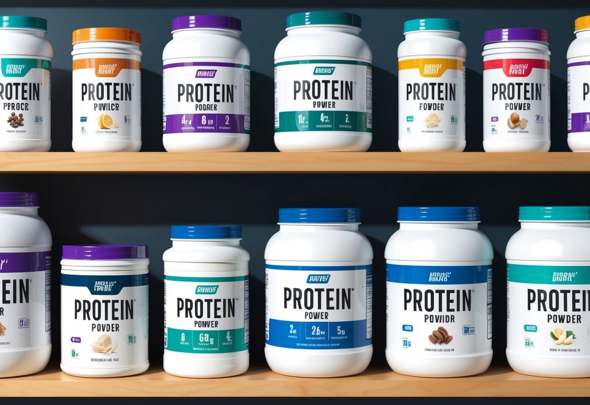 A variety of protein powder containers, with labels indicating different types and benefits, arranged on a shelf