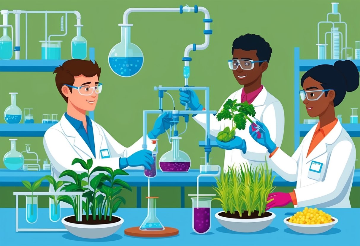 A laboratory setting with scientists working on genetically modified crops under strict regulatory guidelines