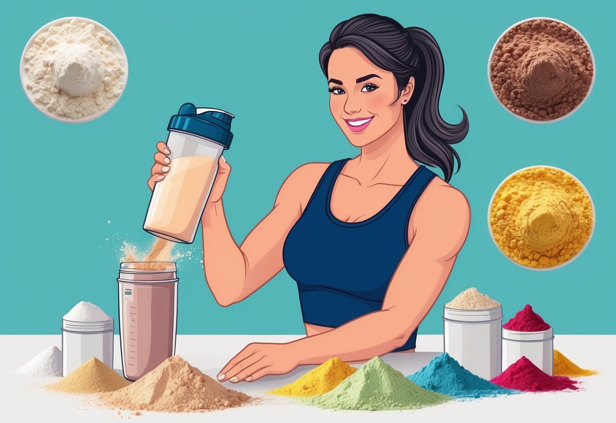 A woman mixing protein powder into a shaker bottle, surrounded by various flavored powders and ingredients