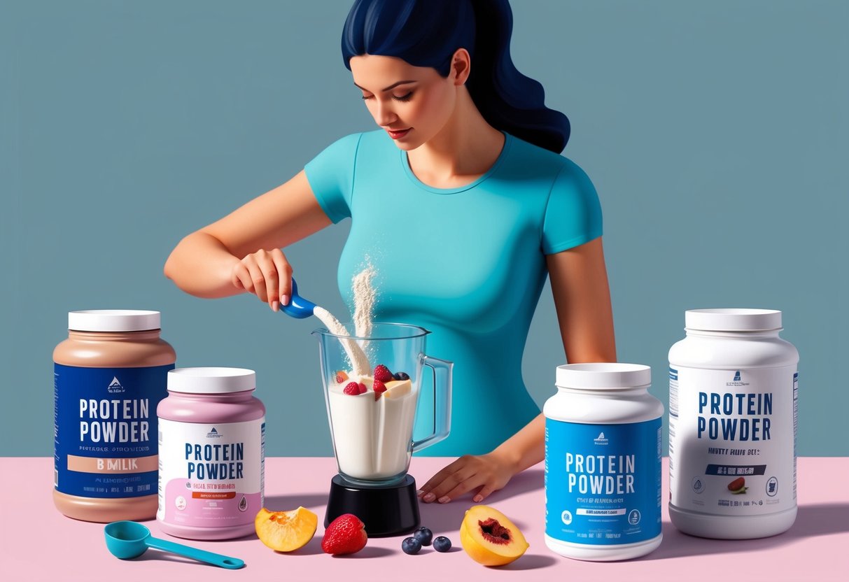 A female figure mixes protein powder into a blender with fruits and milk, surrounded by various protein powder containers and a measuring scoop