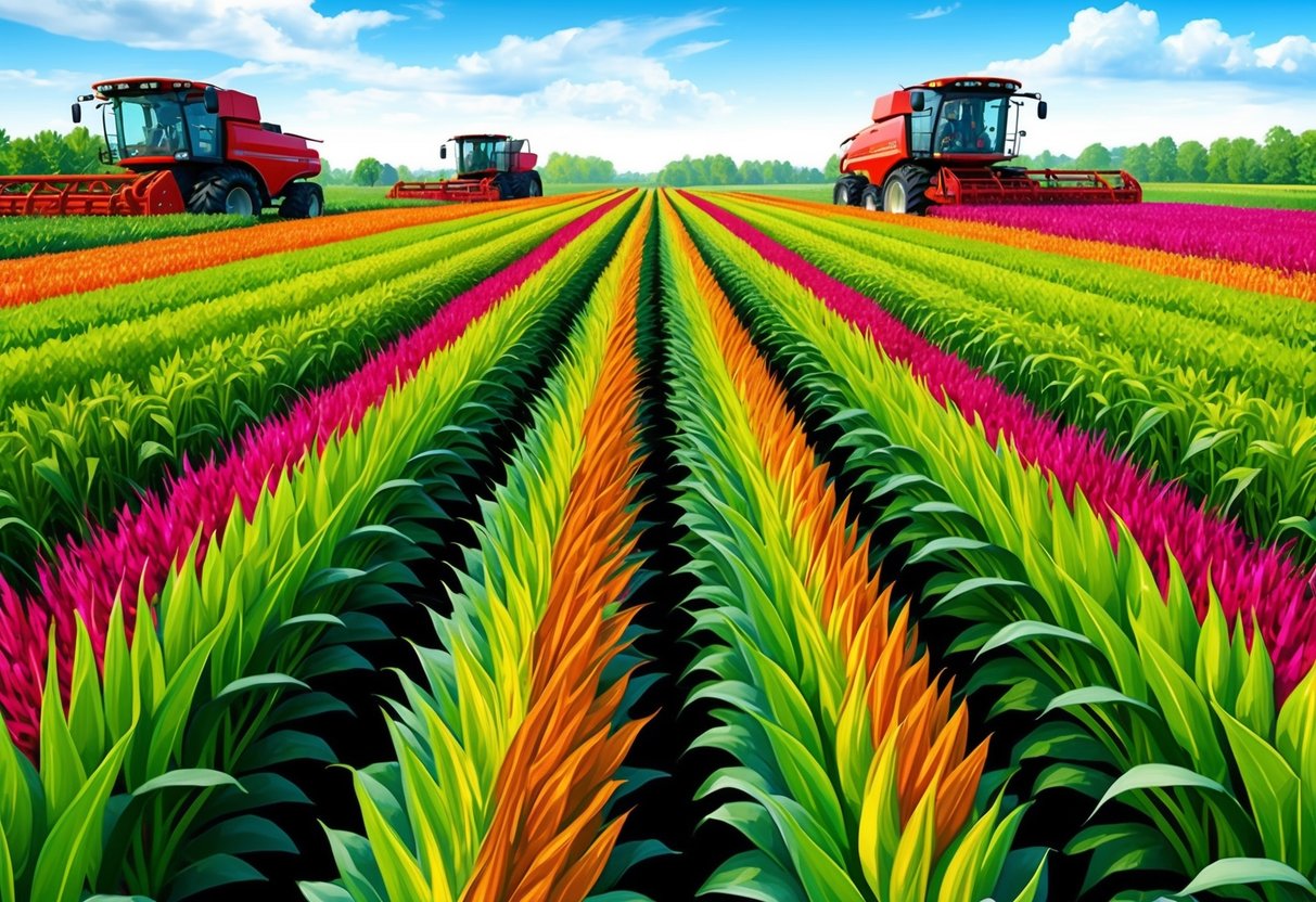 A lush field of genetically modified crops, with vibrant colors and perfect symmetry, surrounded by modern agricultural machinery