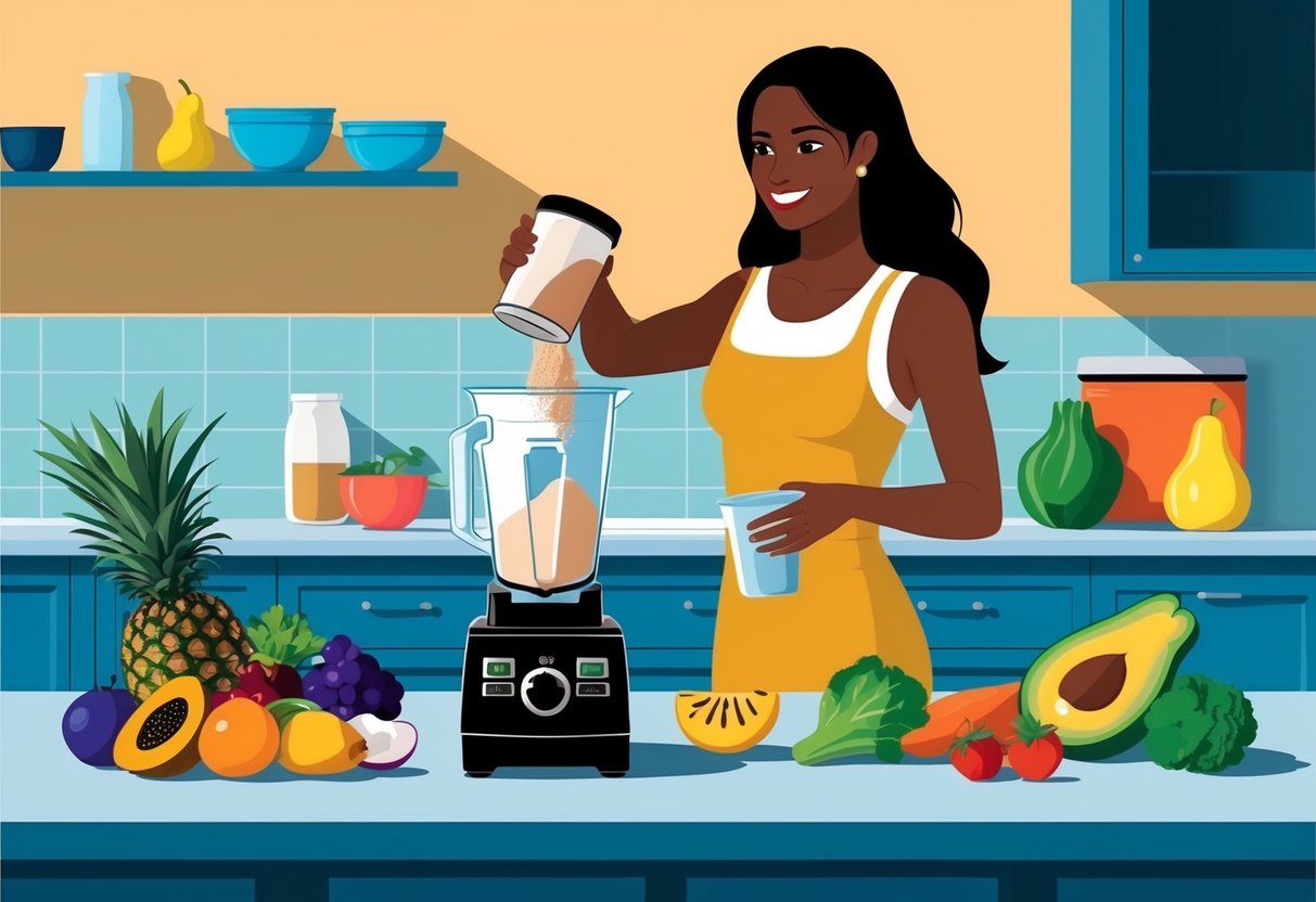 A female figure mixing protein powder into a blender with a variety of fruits and vegetables on the counter