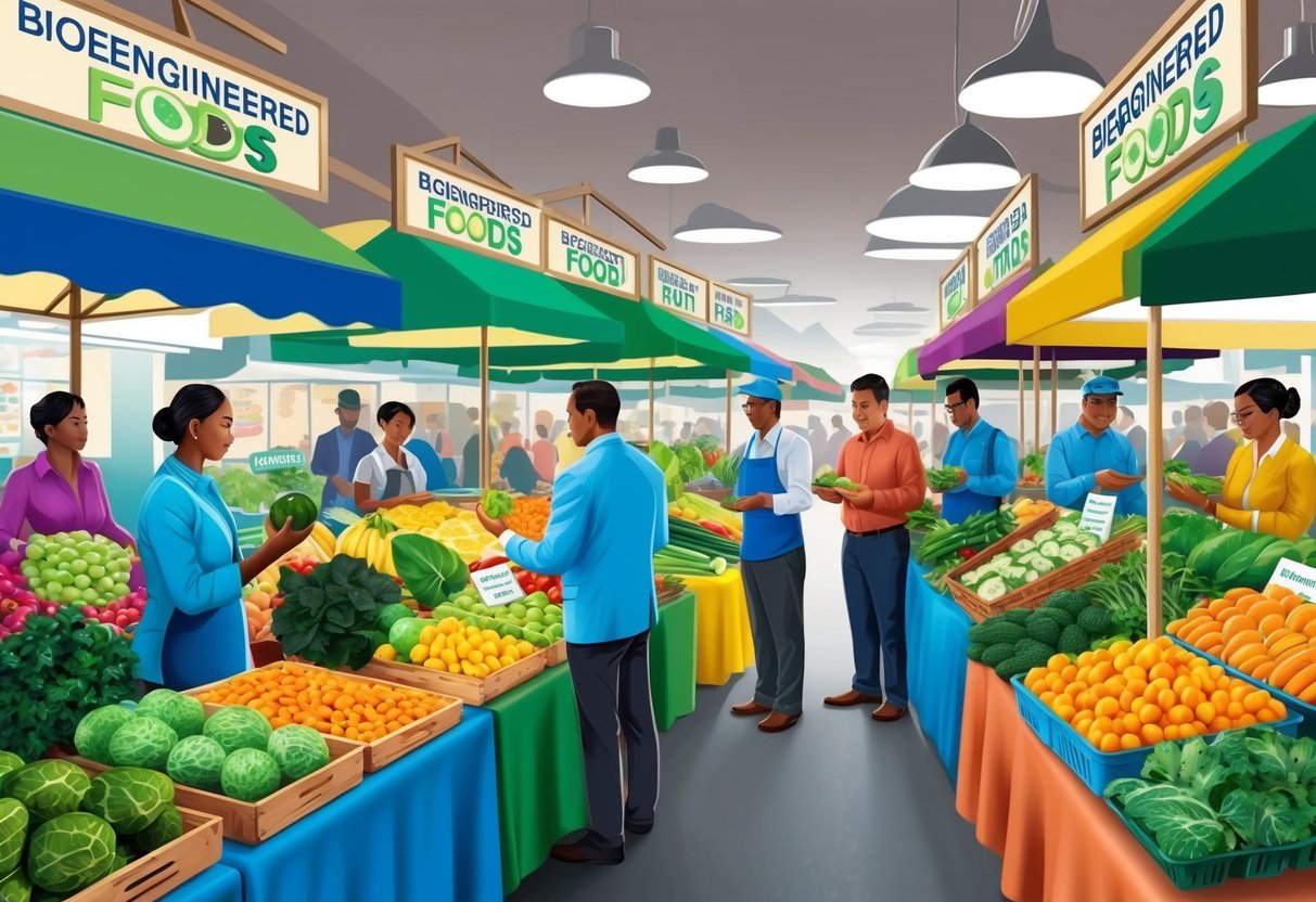 A bustling marketplace with colorful stalls selling various bioengineered foods like genetically modified fruits and vegetables.</p><p>Customers examine the produce while vendors explain the benefits of bioengineering