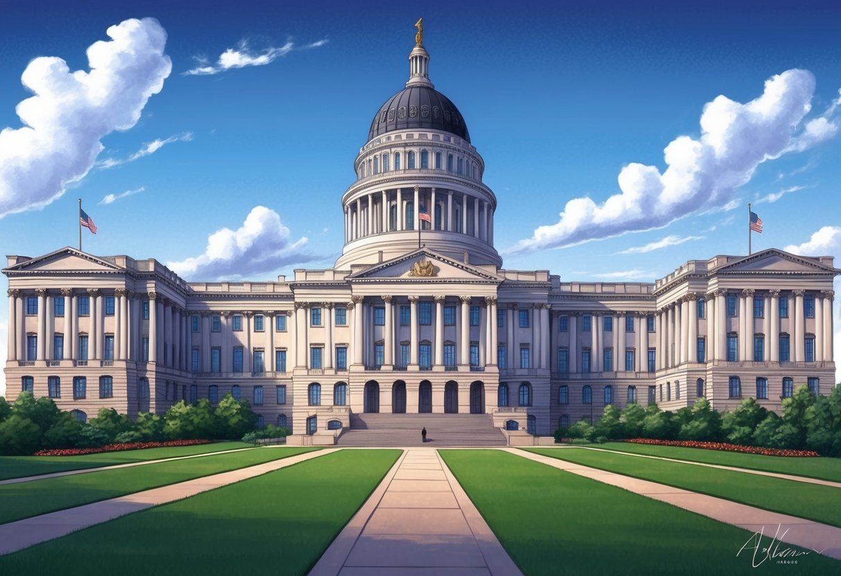 A grand government building with three distinct wings, each representing the executive branch of the government