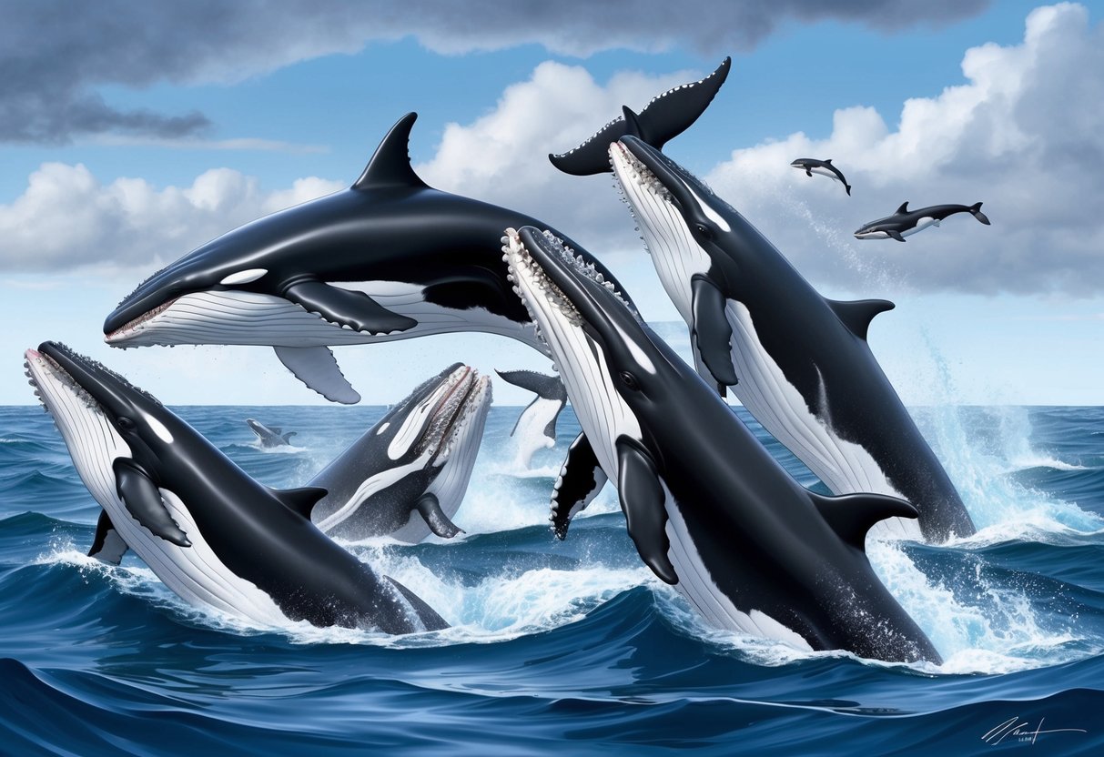 A pod of killer whales communicates and collaborates while hunting, showcasing their intelligence and cultural significance