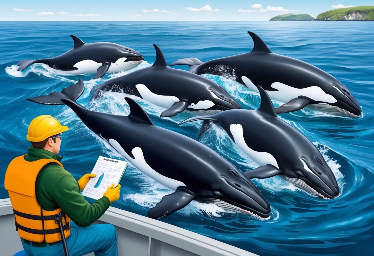 A pod of killer whales uses teamwork to hunt, showcasing their intelligence and social behavior.</p><p>A marine biologist observes from a research boat, noting their conservation status and future prospects