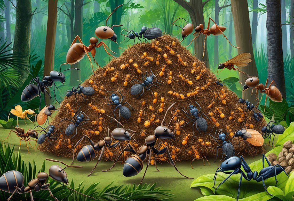 A bustling ant colony defends against invaders in a diverse forest, showcasing various species engaged in a fierce ant war