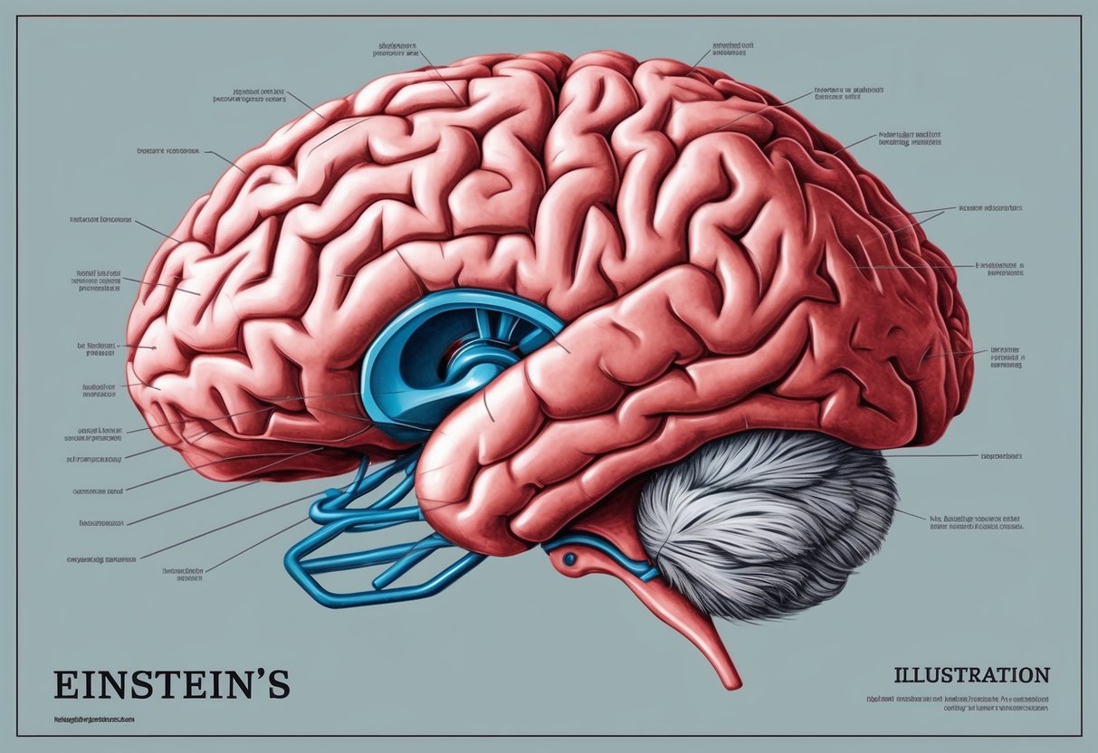 A detailed illustration of Einstein's brain, showing its unique physical structure and distinct features