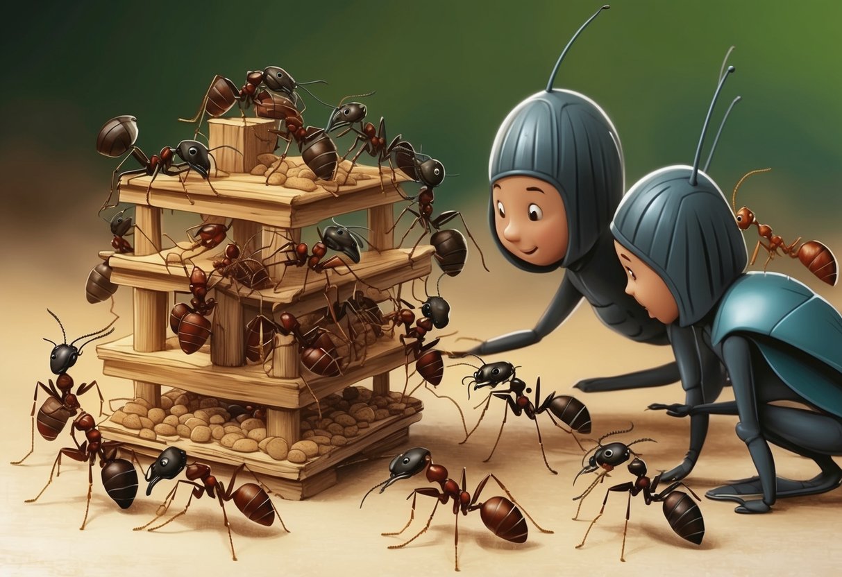 A group of ants working together to build a structure, while others gather around to observe and learn