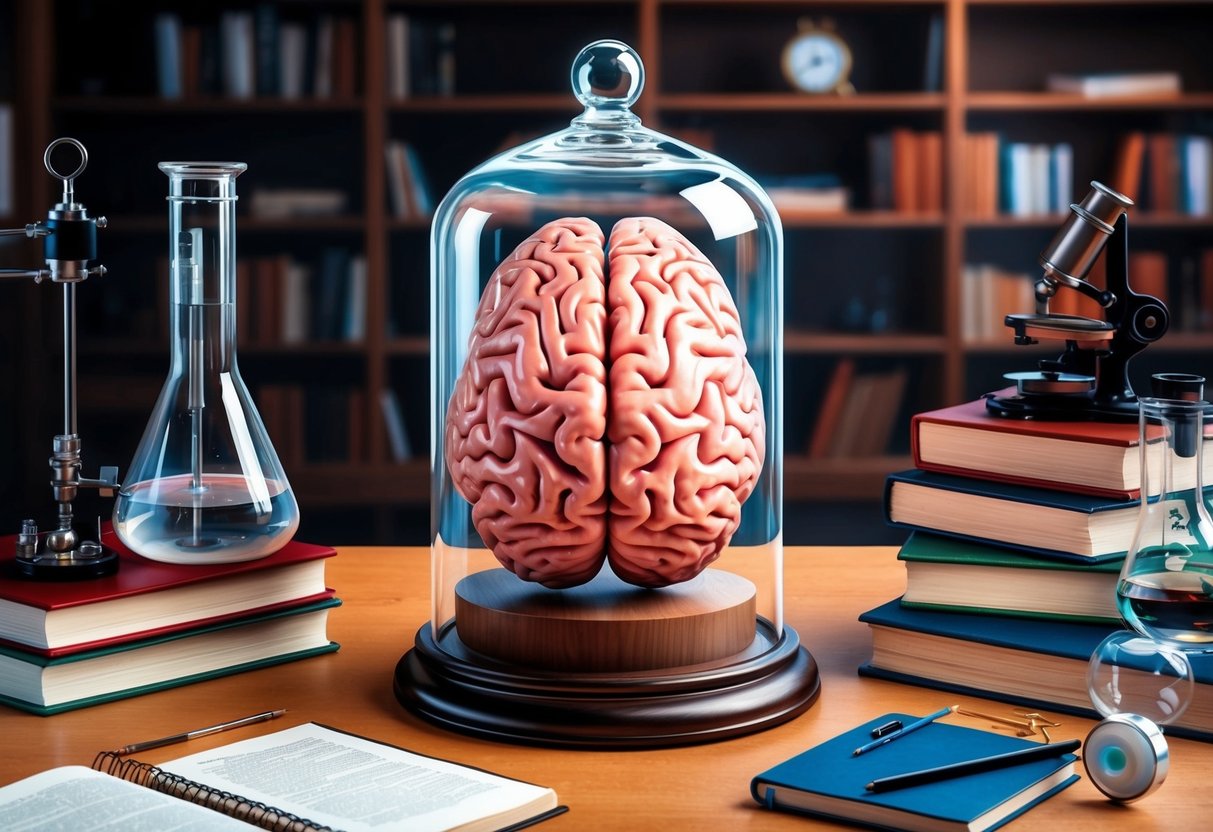 Einstein's brain displayed in a glass jar surrounded by scientific equipment and books