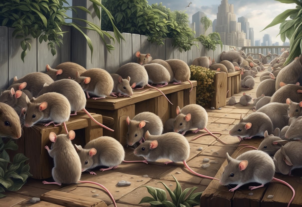 Mice crowded in a utopian habitat, displaying signs of distress and aggression.</p><p>Some huddle together while others roam aimlessly