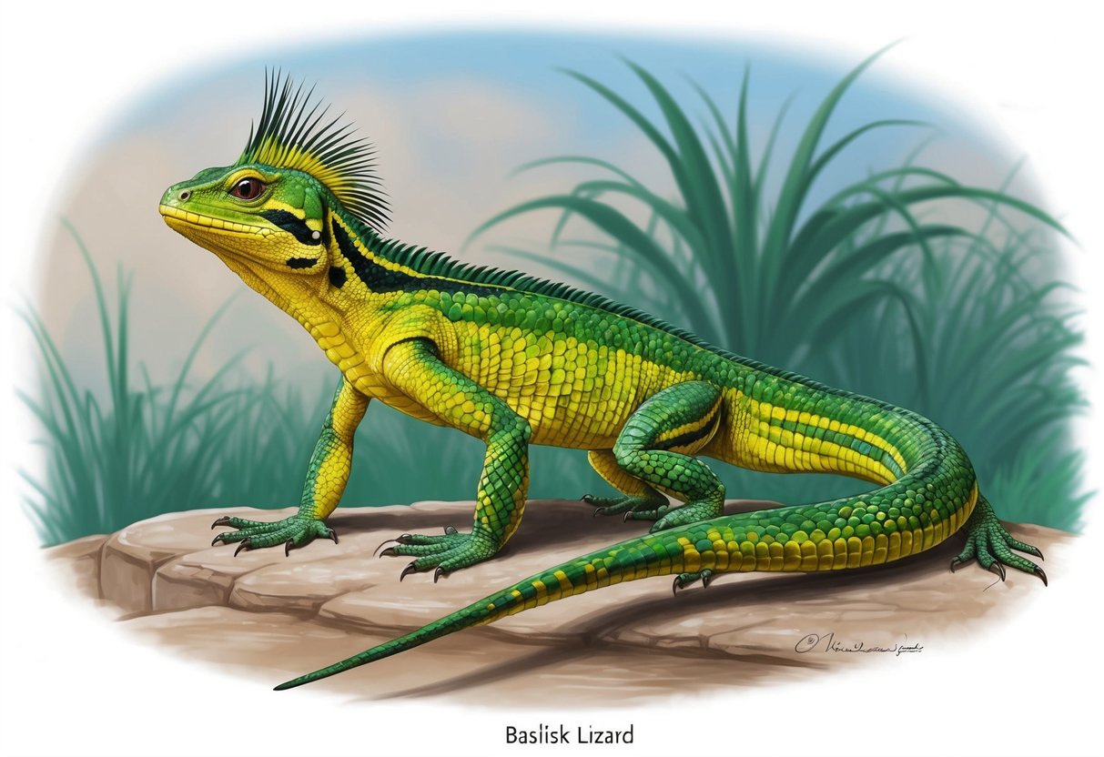 A basilisk lizard stands on its hind legs, displaying its vibrant green and yellow scales.</p><p>Its crest is raised as it surveys its surroundings