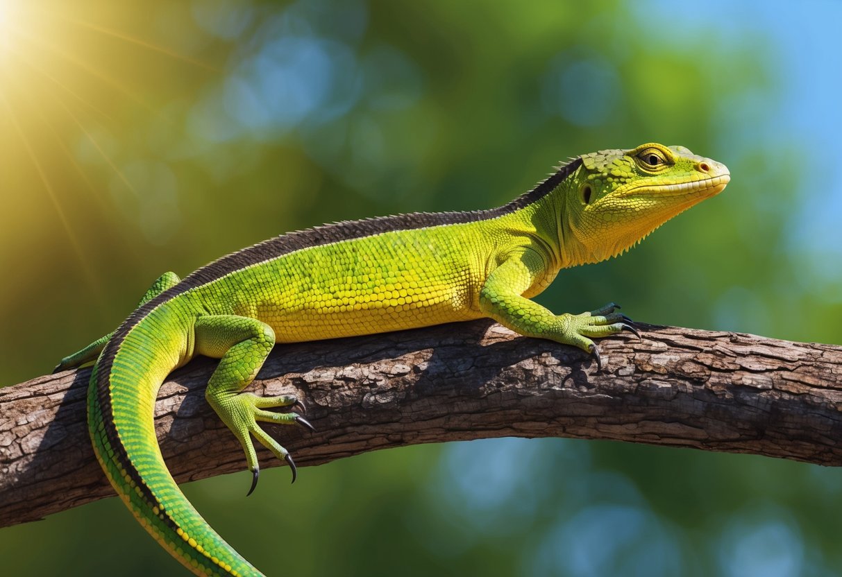 A basilisk lizard perched on a tree branch, basking in the sun with its vibrant green and yellow scales reflecting the light