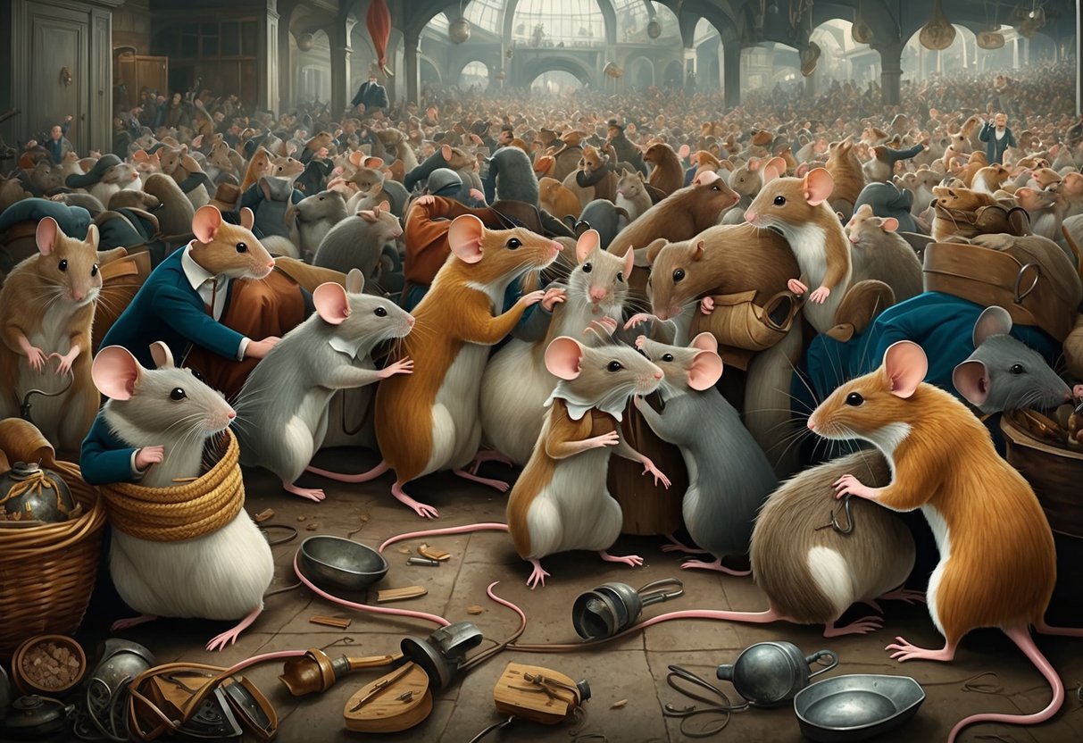 Mice in a crowded, chaotic utopia.</p><p>Some fighting, others withdrawn.</p><p>A sense of tension and disarray