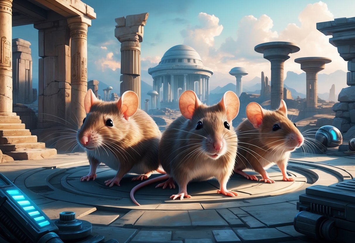 Mice in a futuristic utopia, surrounded by both ancient ruins and advanced technology