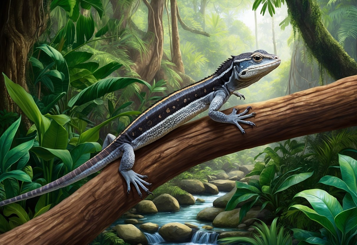 A basilisk lizard perched on a tree branch in a tropical rainforest, surrounded by lush green foliage and small streams