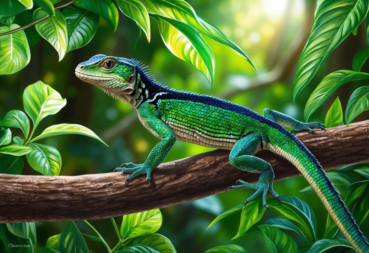 A basilisk lizard perched on a tree branch, blending into the lush green foliage of the rainforest.</p><p>Its vibrant scales shimmer in the dappled sunlight, while its sharp eyes scan the surroundings