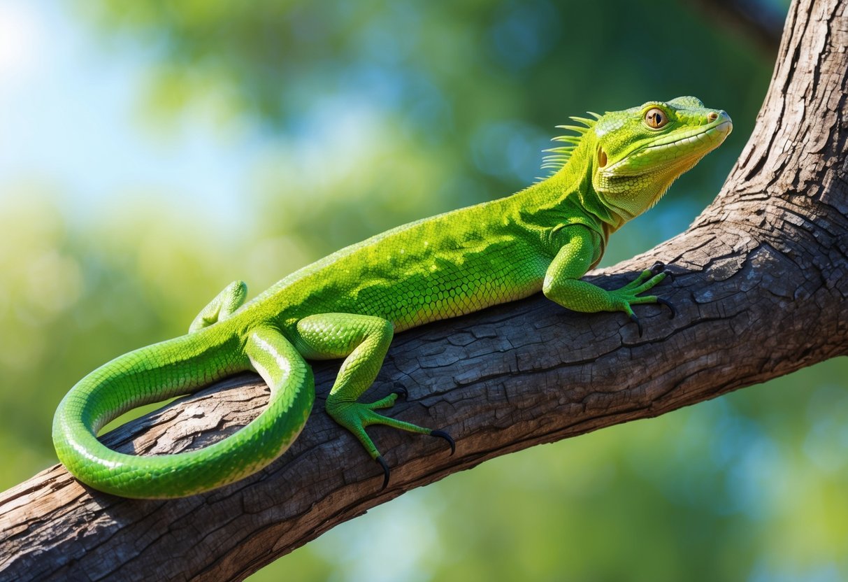 A basilisk lizard perches on a tree branch, its bright green scales glistening in the sunlight.</p><p>Its long tail curls gracefully behind it as it gazes out with alert, golden eyes