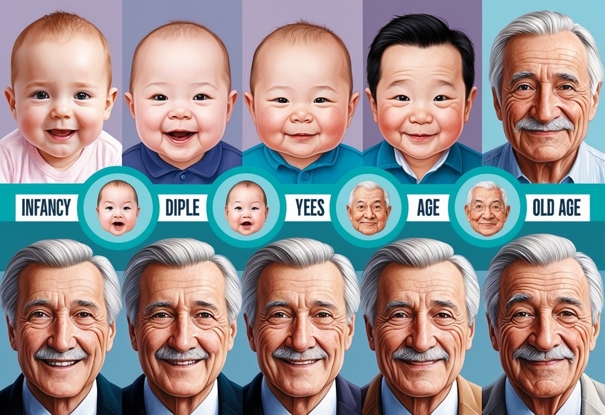 A series of faces, from infancy to old age, each with distinct dimples, arranged in a timeline