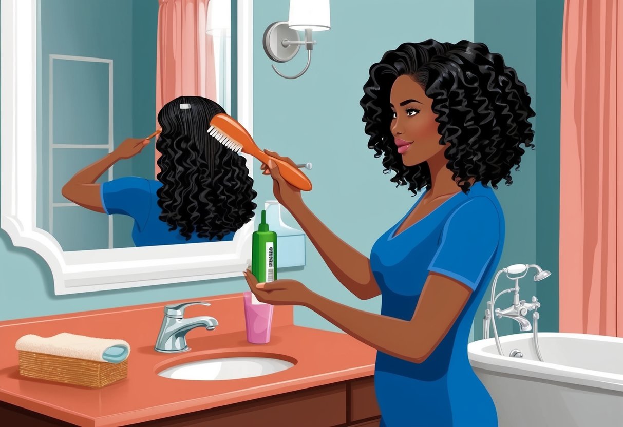 A woman applies natural hair relaxer with a brush in a well-lit bathroom