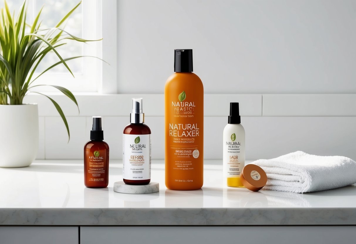 A bottle of natural hair relaxer sits on a clean, white countertop surrounded by a few essential hair care products