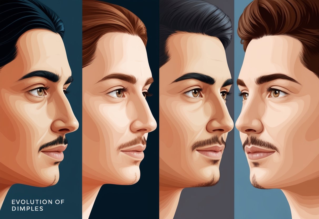 A series of facial profiles showing the evolution of dimple aesthetics, from ancient to modern times, with varying cultural influences