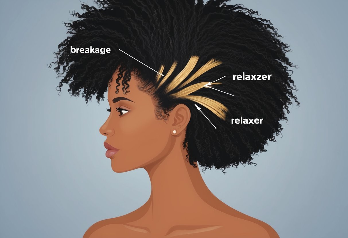 A woman's natural hair is shown with visible signs of damage from a relaxer treatment, such as breakage, thinning, and dryness