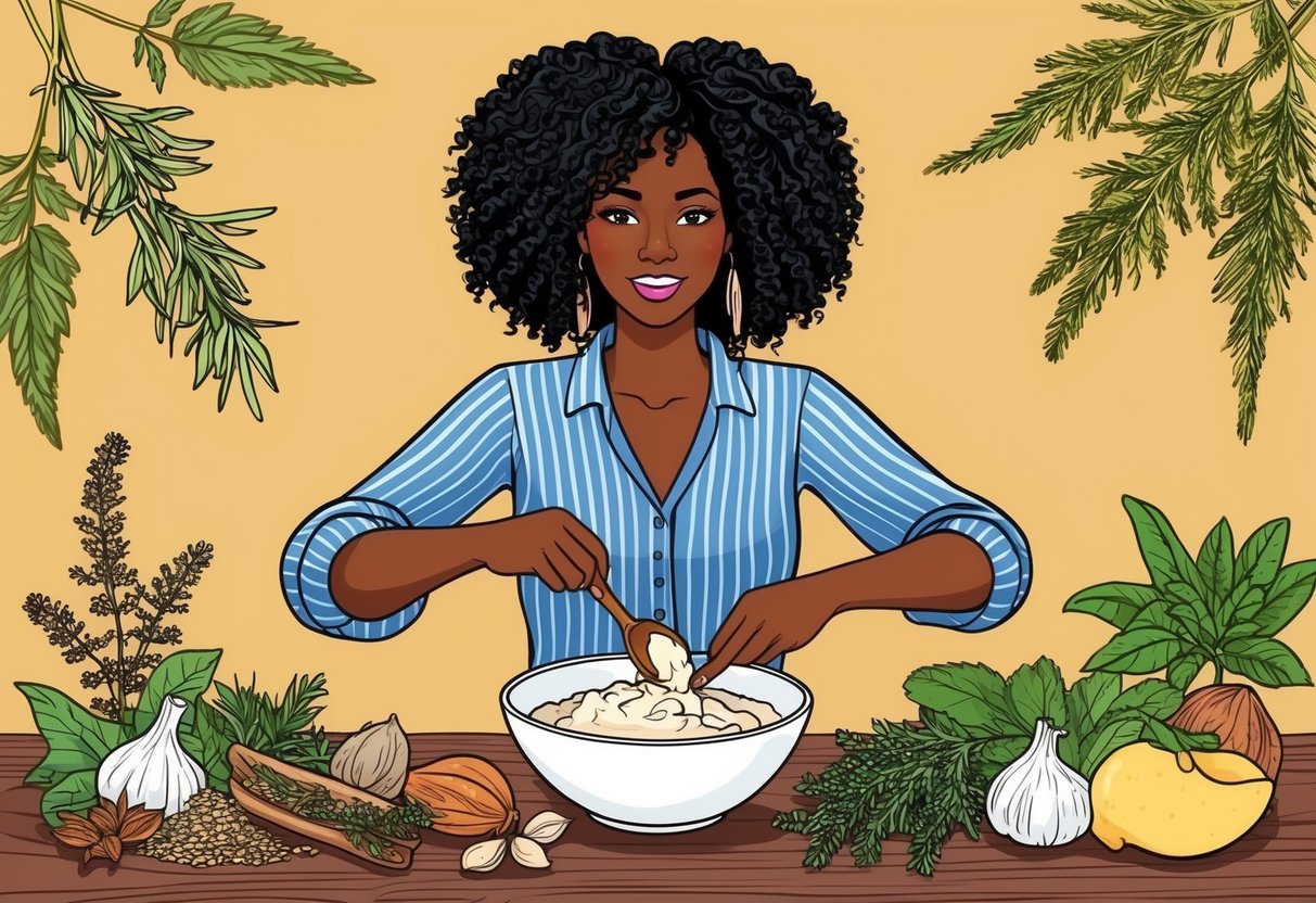 A woman surrounded by herbs and natural ingredients, mixing them in a bowl to create a homemade natural hair relaxer