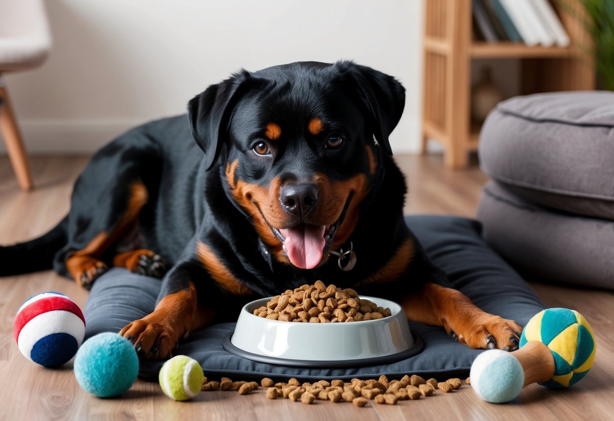 A Rottweiler eagerly eating from a bowl of high-quality dog food, surrounded by toys and a comfortable bed