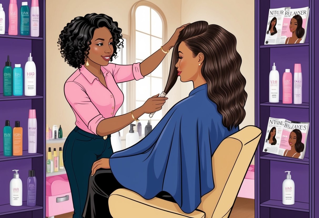 A woman sitting in a comfortable salon chair, surrounded by shelves of hair products and magazines.</p><p>A stylist carefully applies a natural hair relaxer, creating a serene and inviting atmosphere