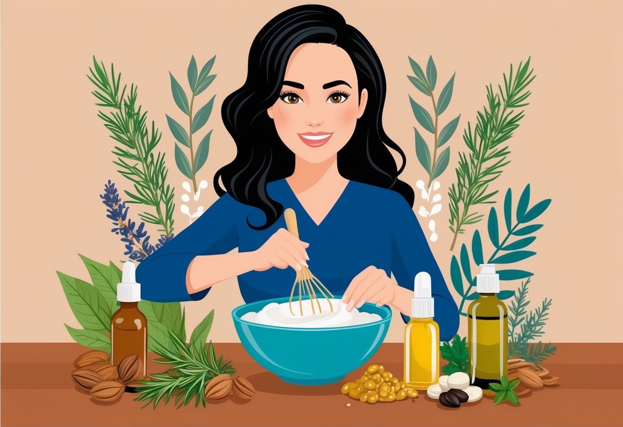 A woman mixing natural ingredients in a bowl, surrounded by various oils and herbs for a custom hair care routine