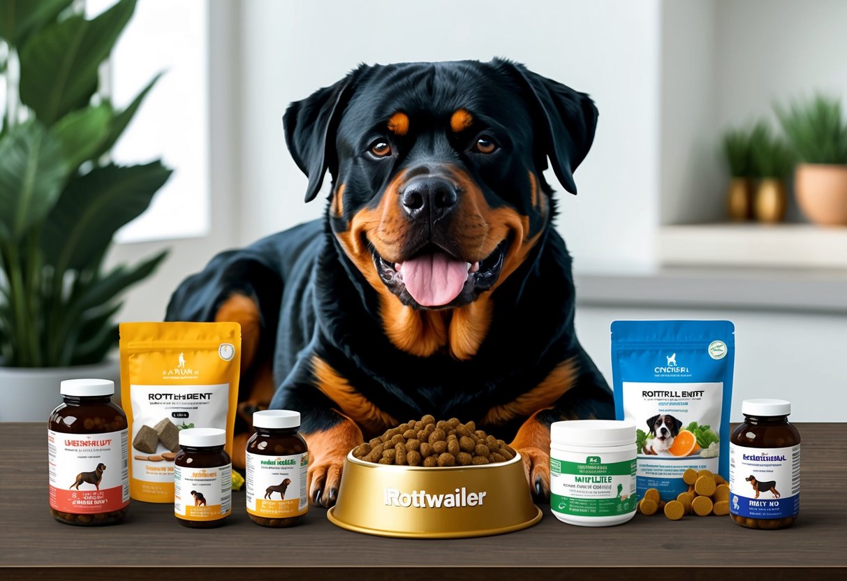 A Rottweiler surrounded by various supplements and a bowl of high-quality dog food