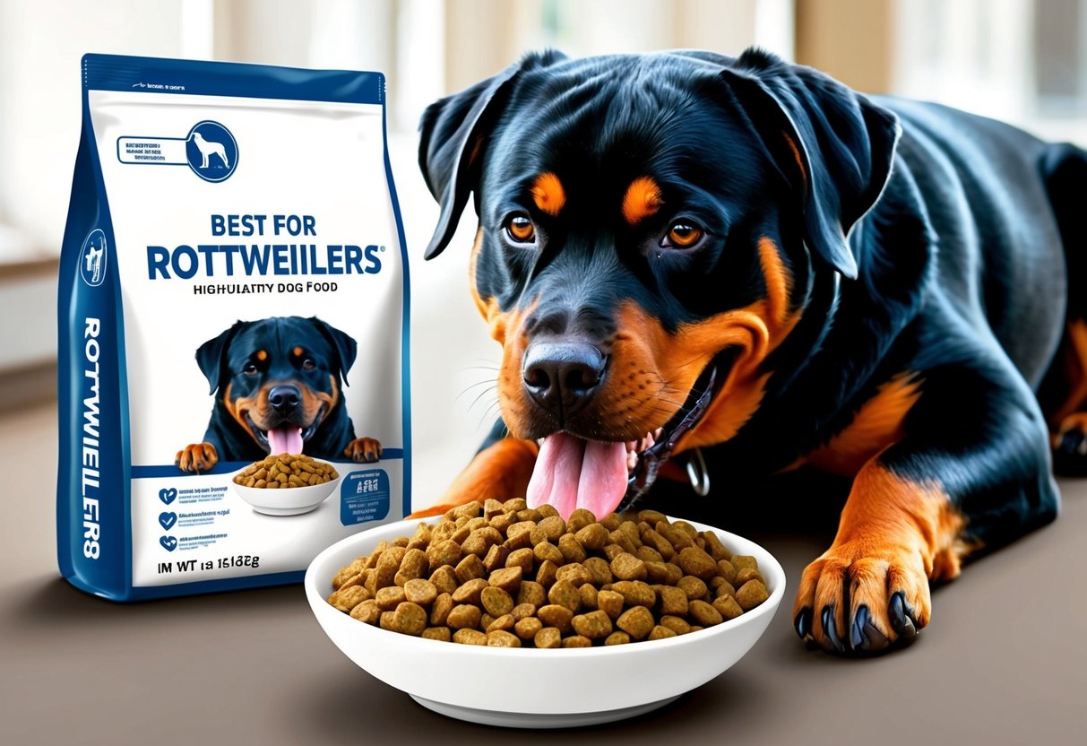 A Rottweiler eagerly eats from a bowl of high-quality dog food, with a content expression and a shiny coat.</p><p>The food bag is labeled "best for Rottweilers."