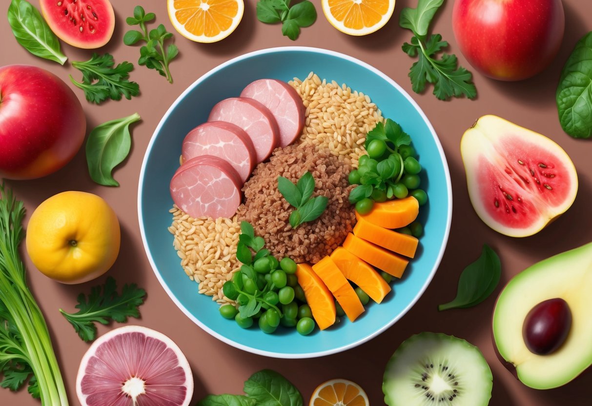 A bowl filled with high-quality meats, vegetables, and grains, surrounded by fresh fruits and vitamins