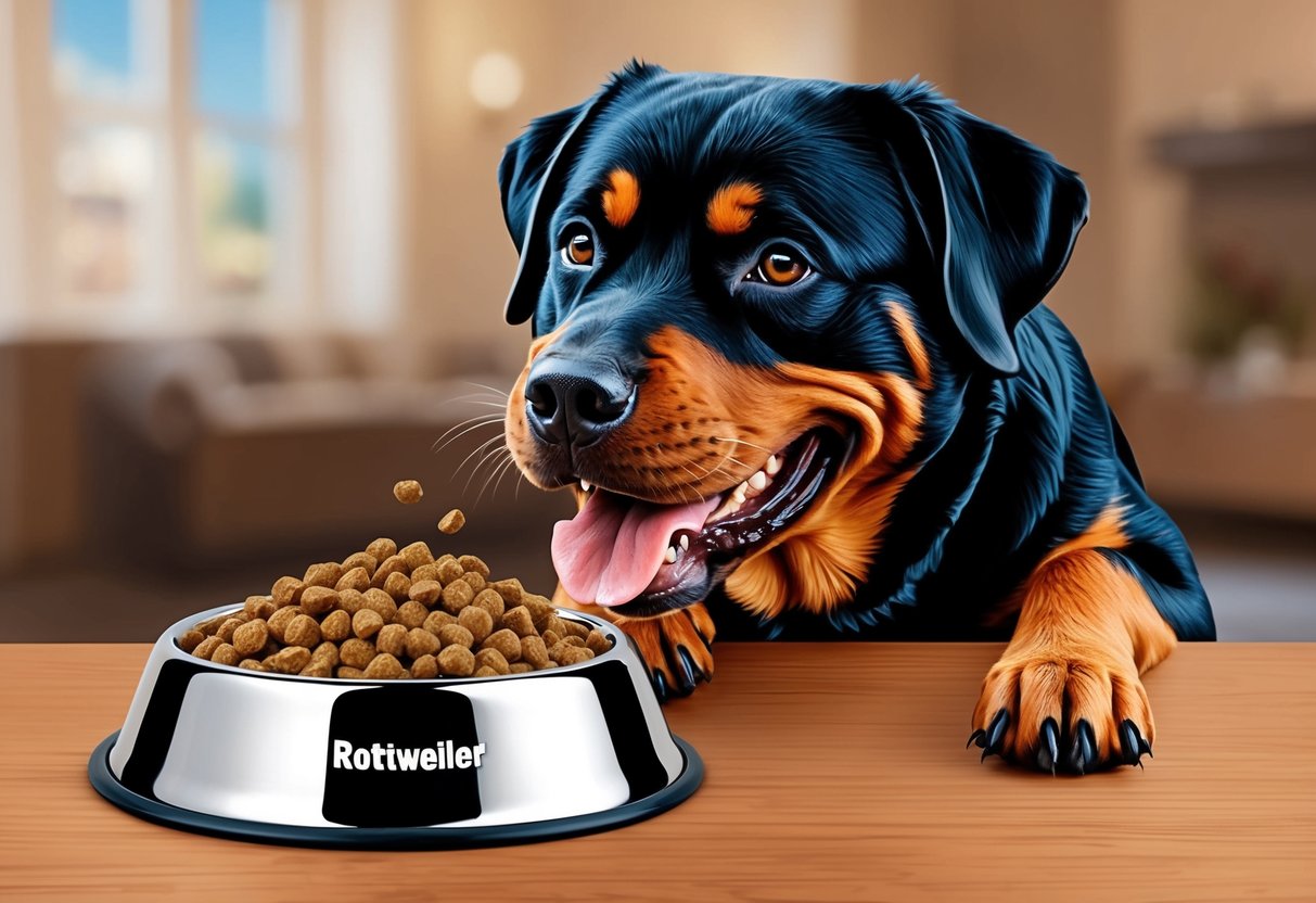 A Rottweiler eagerly eating from a bowl of high-quality dog food with a satisfied expression on its face