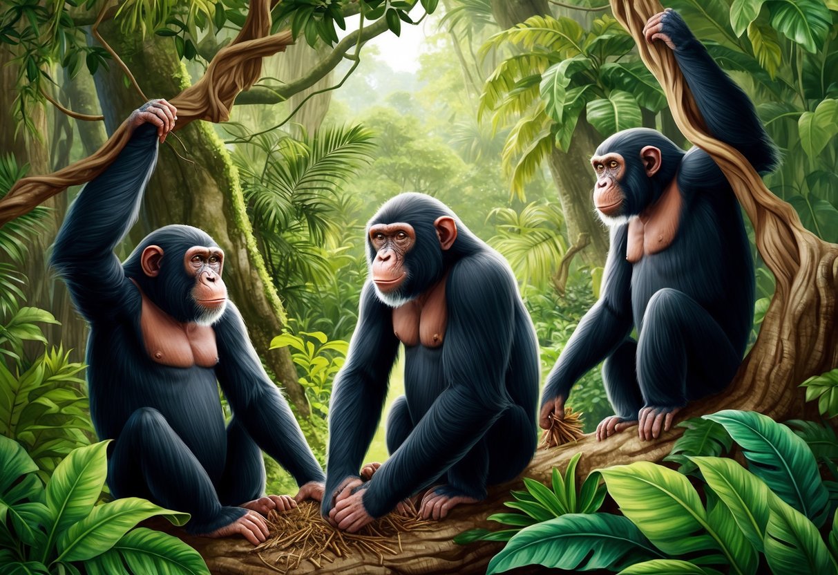 A group of bonobo apes foraging and grooming in a lush, tropical forest