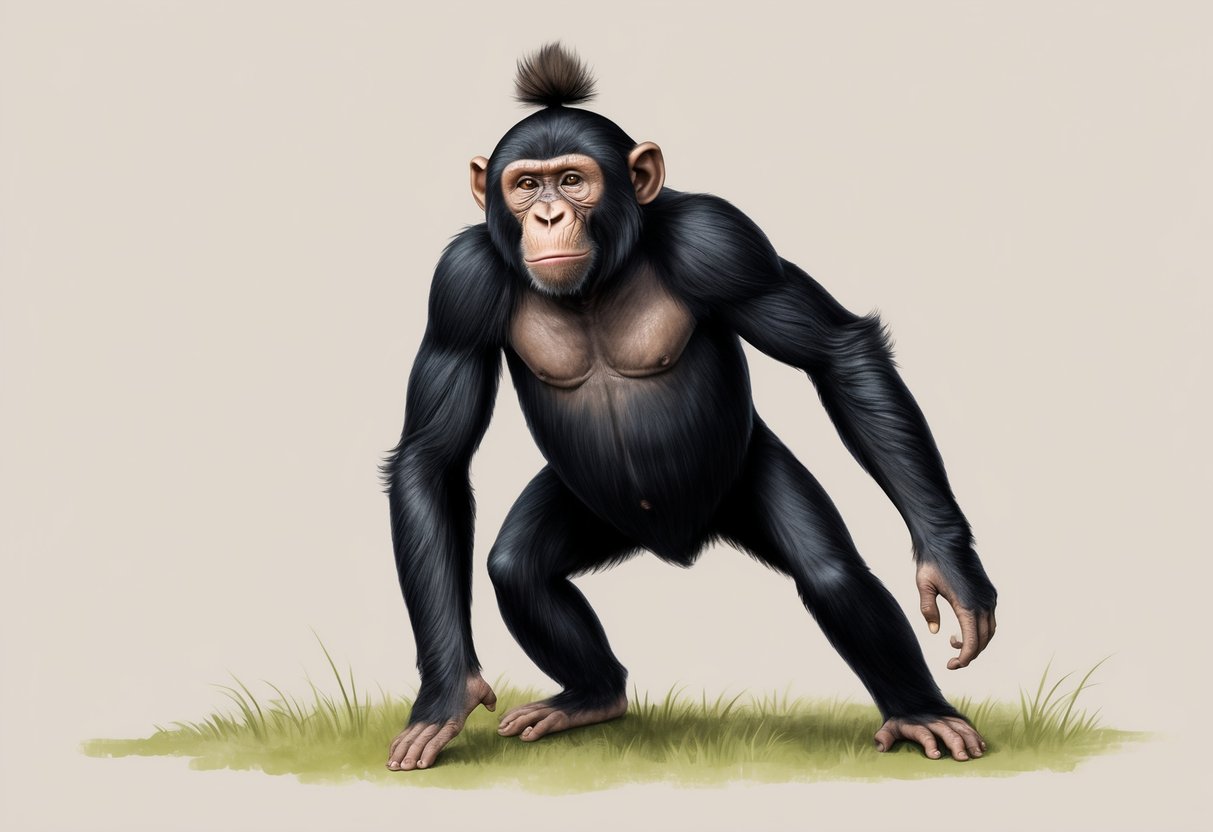 A bonobo ape stands on all fours, with a slender body, long limbs, and a small head.</p><p>Its face is black with a prominent brow ridge, and it has a tuft of hair on its head