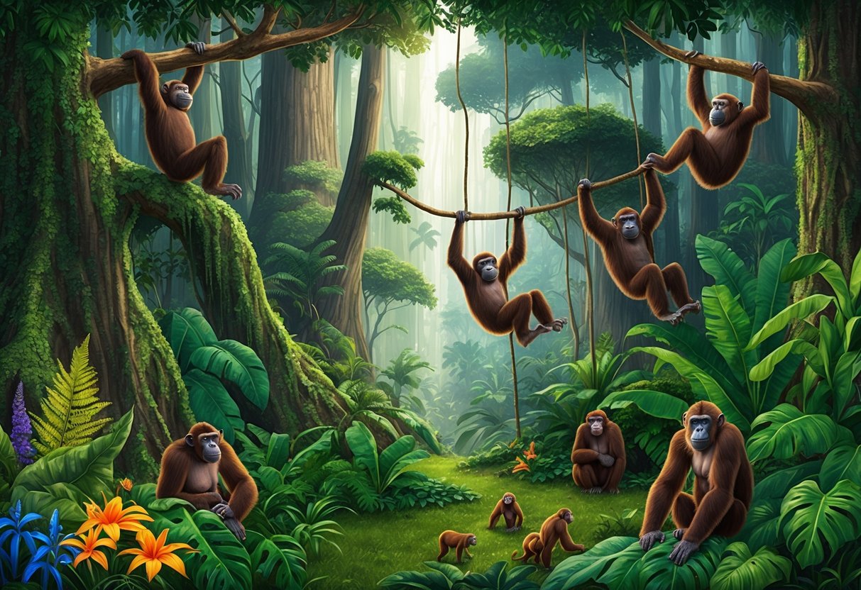 A lush, dense rainforest with towering trees and a variety of colorful flora.</p><p>A group of bonobo apes swing and play in the treetops, while others forage on the forest floor