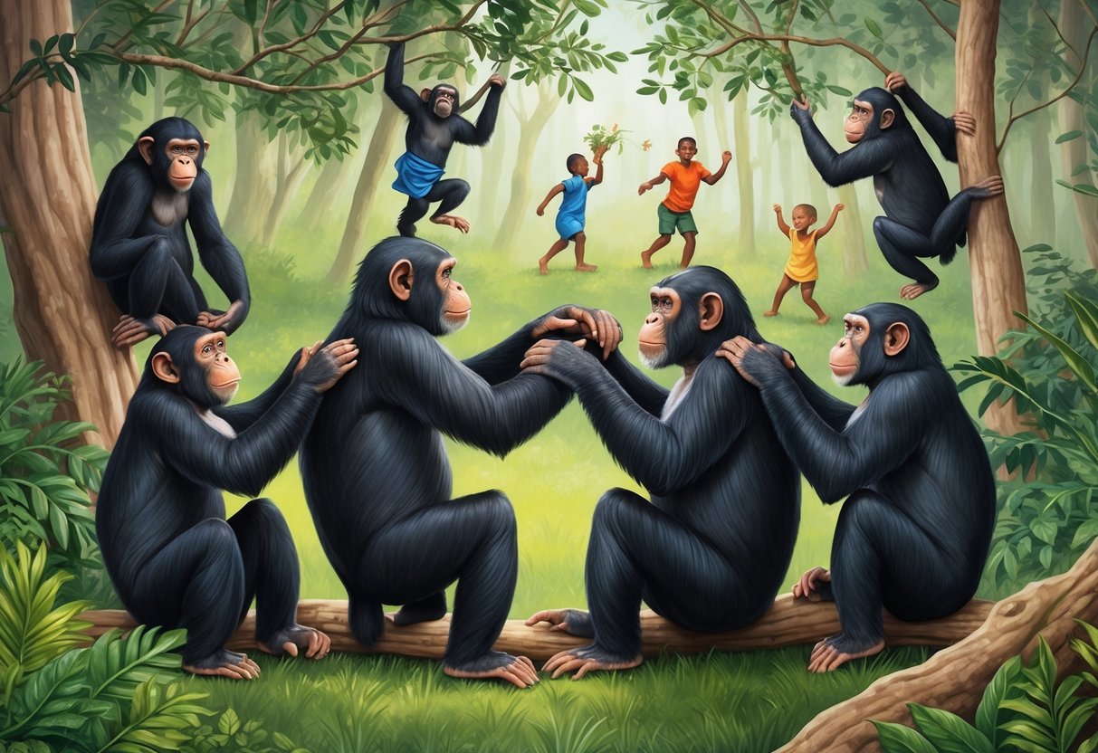 A group of bonobo apes grooming each other in a peaceful and harmonious manner, while others play and interact within their social structure