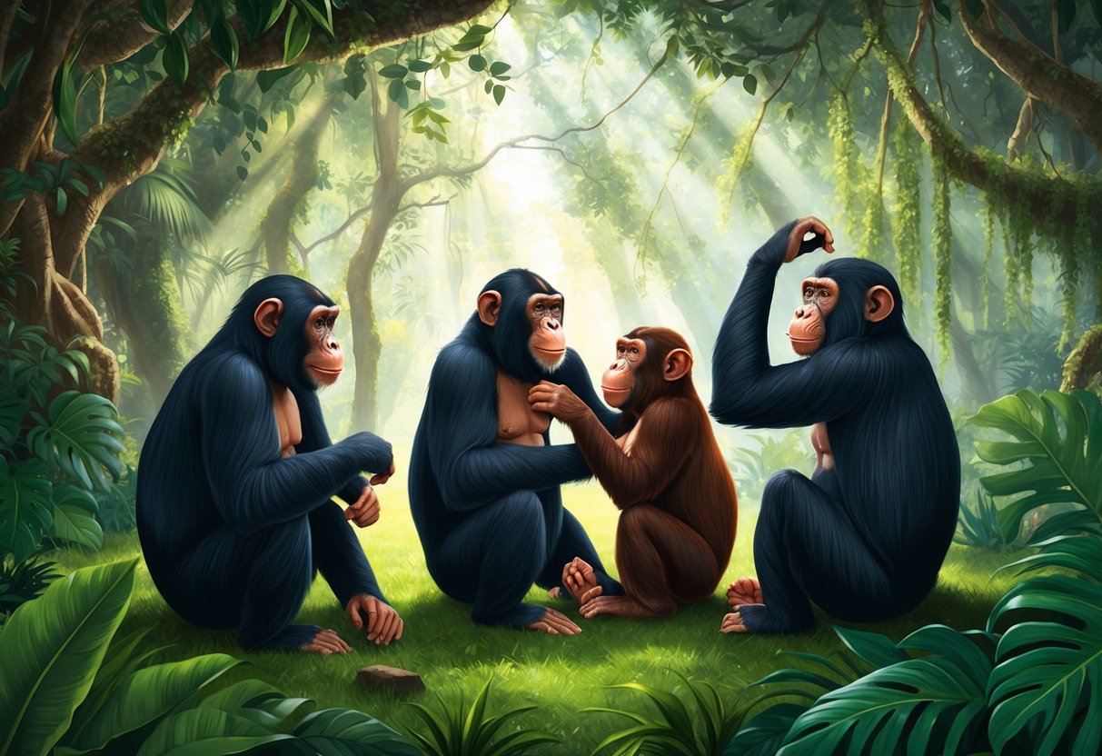 A group of bonobo apes grooming and playing in a lush, tropical forest setting with dappled sunlight filtering through the canopy