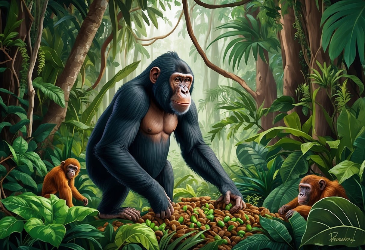 A bonobo ape forages for food in a dense jungle, alert to potential threats to its survival from predators and rival groups