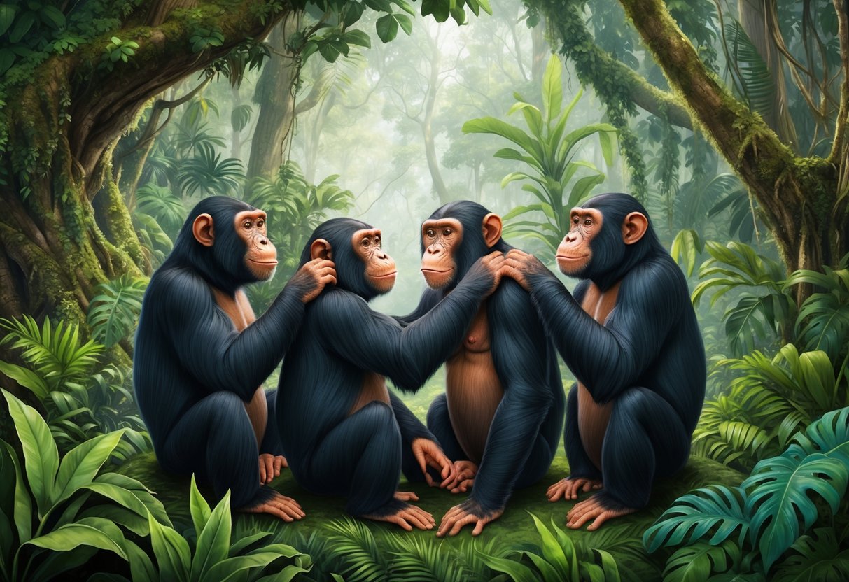 A group of bonobo apes in a lush rainforest, surrounded by trees and vegetation, engaging in social interactions and grooming each other