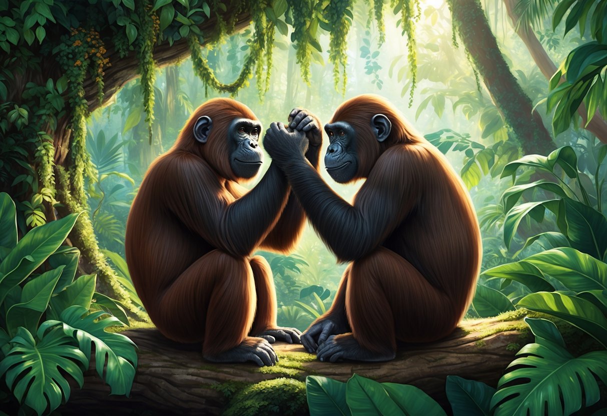 Two bonobo apes grooming each other in a lush rainforest, surrounded by vibrant foliage and dappled sunlight